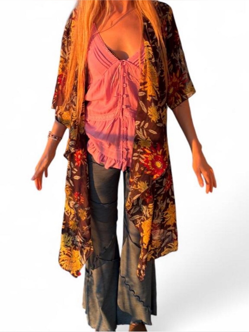 Boho summer sheer floral shabby chic kimono cardigan S - Picture 6 of 7